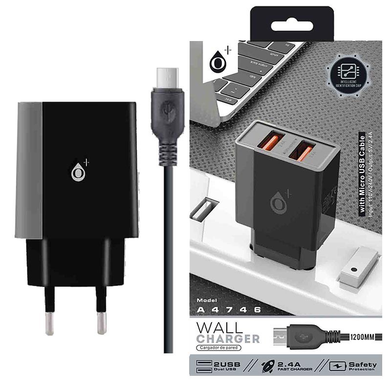 CARGADOR ONE+ A4746 2.4A 2 PUERTOS USB (CON CABLE MICROUSB)
