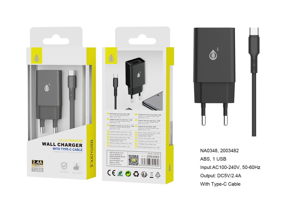 CARGADOR ONE+ NA0348 2.4A 1 PUERTO USB (CON CABLE TYPE C)